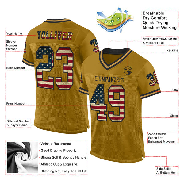 Custom Old Gold Vintage USA Flag-Black Mesh Authentic Throwback Football Jersey