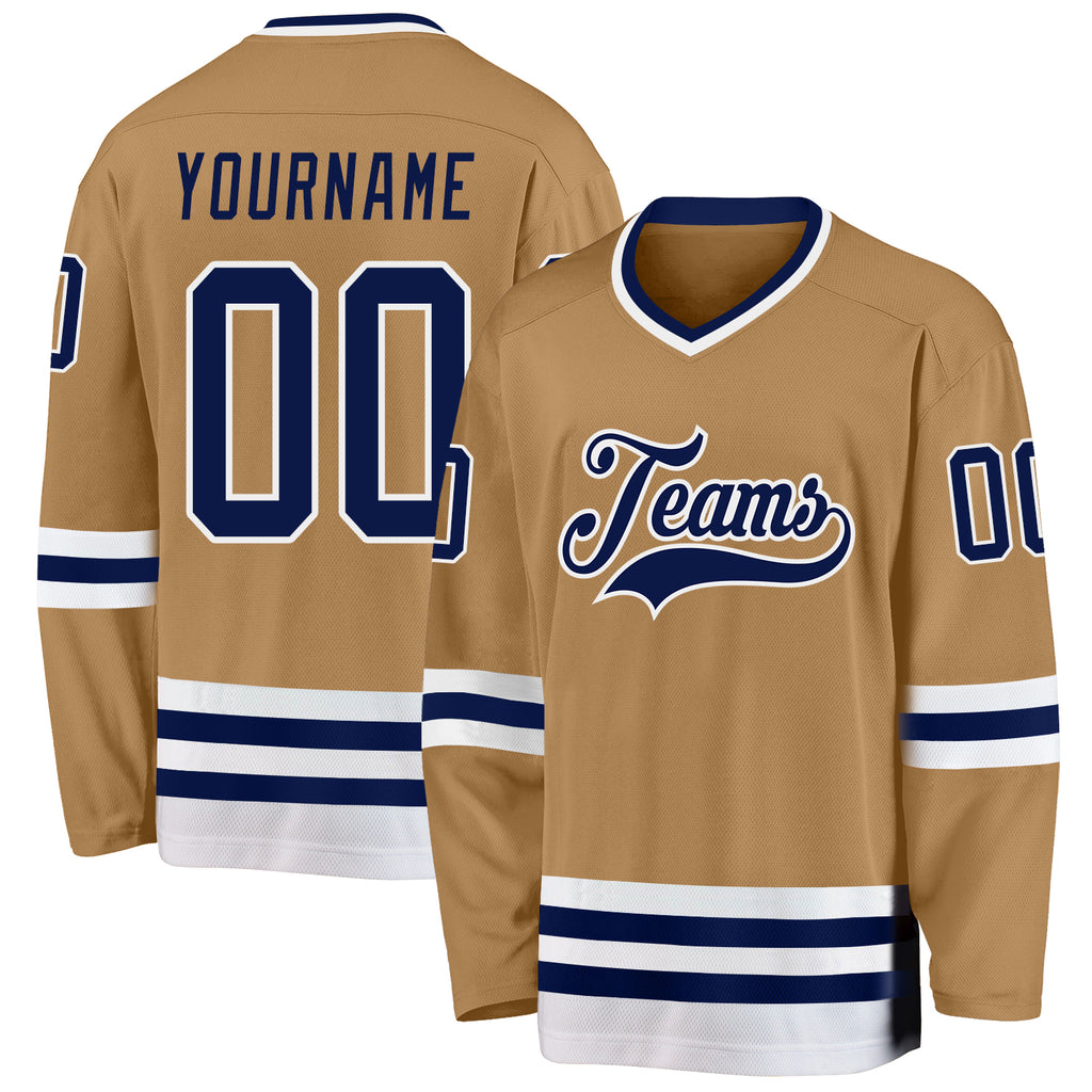 Custom Old Gold Navy-White Hockey Jersey