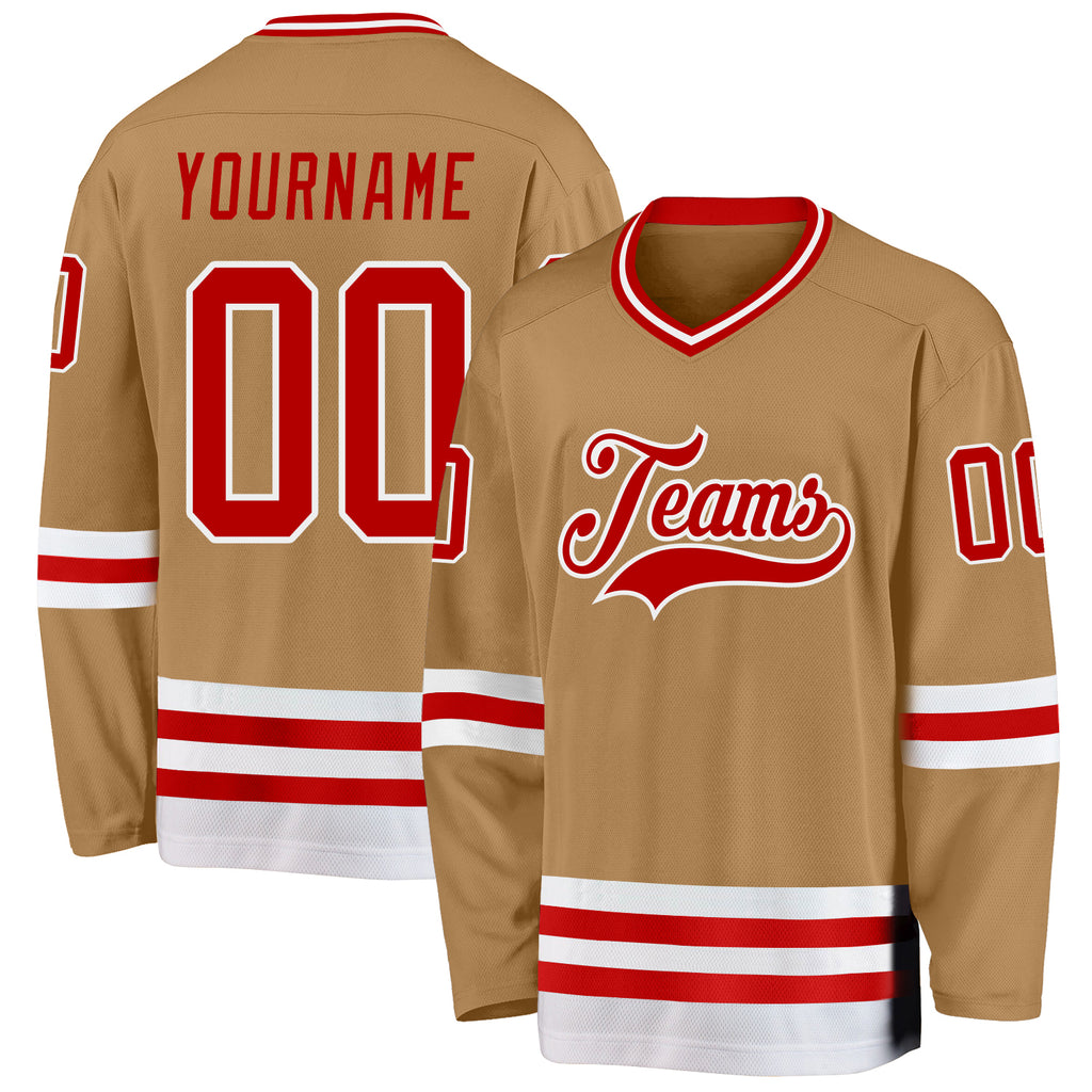 Custom Old Gold Red-White Hockey Jersey