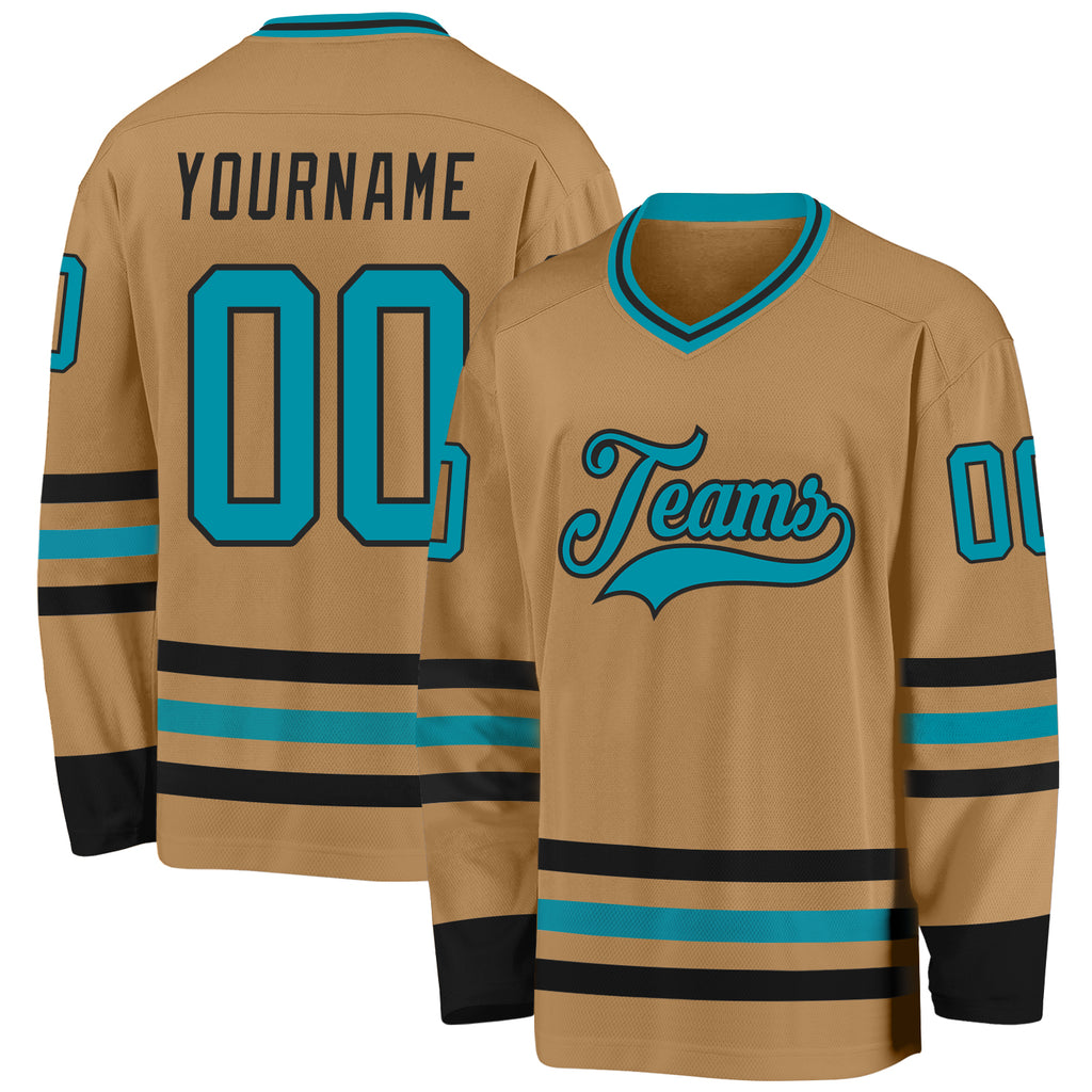 Custom Old Gold Teal-Black Hockey Jersey