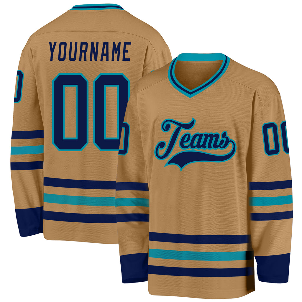 Custom Old Gold Navy-Teal Hockey Jersey