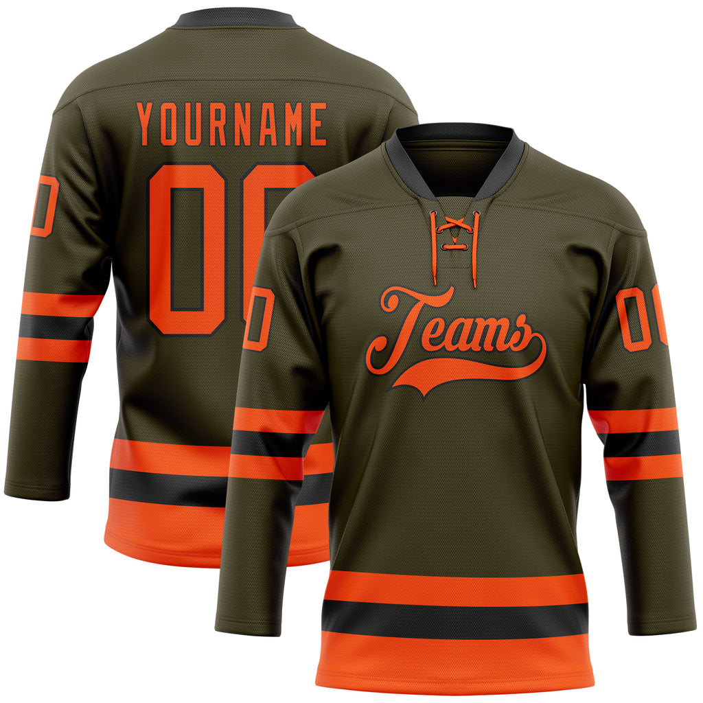 Custom Olive Orange-Black Salute To Service Hockey Lace Neck Jersey