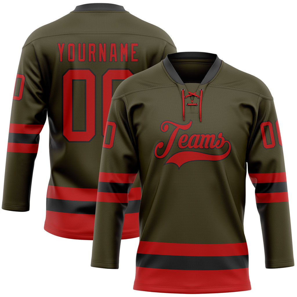 Custom Olive Red-Black Salute To Service Hockey Lace Neck Jersey