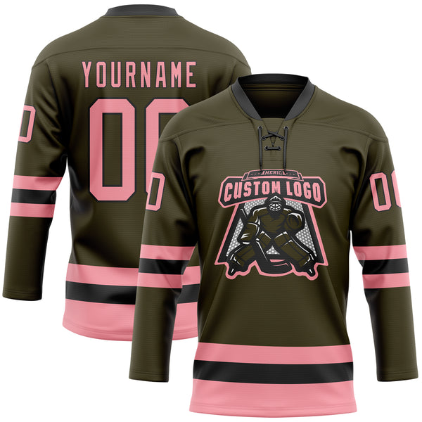 Custom Olive Medium Pink-Black Salute To Service Hockey Lace Neck Jersey