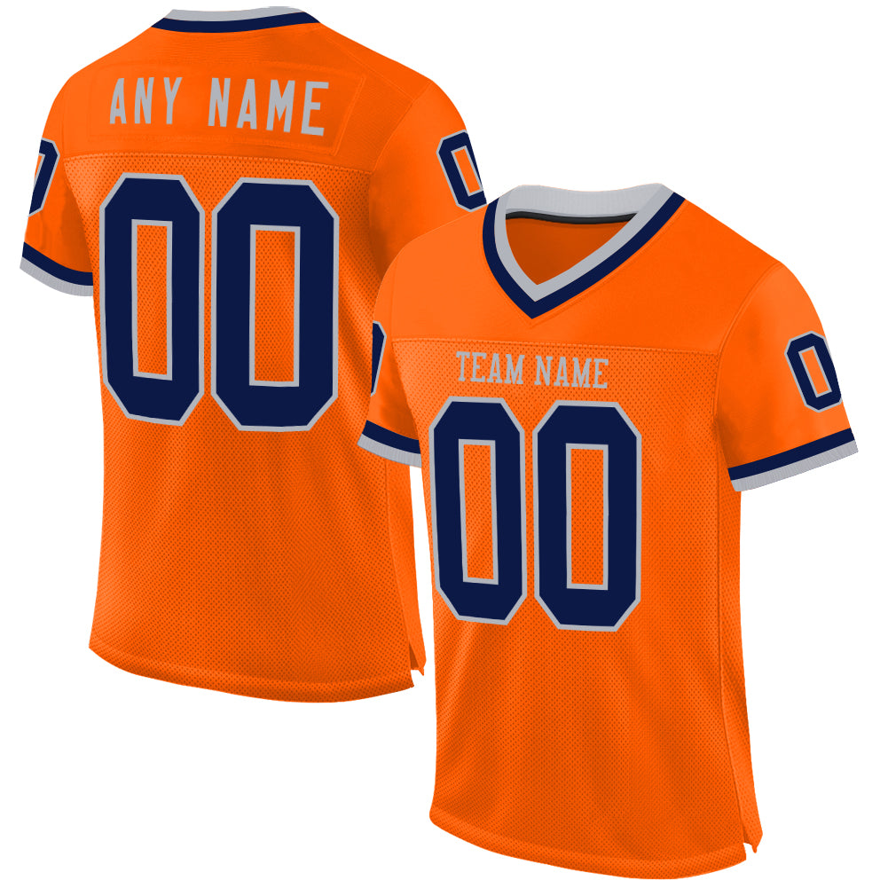 Custom Orange Navy-Gray Mesh Authentic Throwback Football Jersey