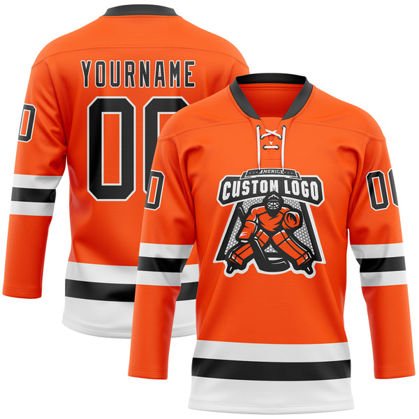 Custom Orange Black-White Hockey Lace Neck Jersey