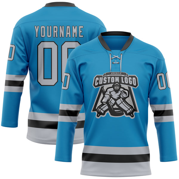 Custom Panther Blue Gray-Black Hockey Lace Neck Jersey