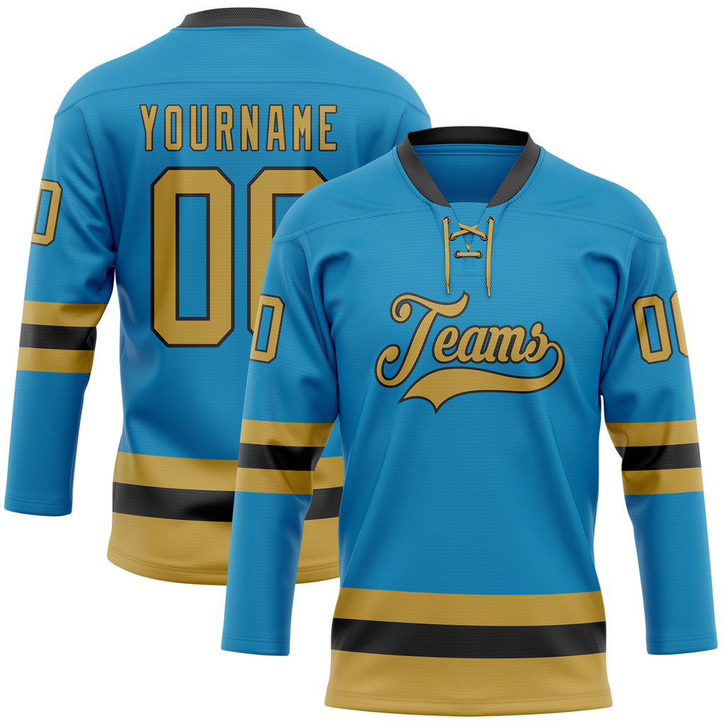 Custom Panther Blue Old Gold-Black Hockey Lace Neck Jersey