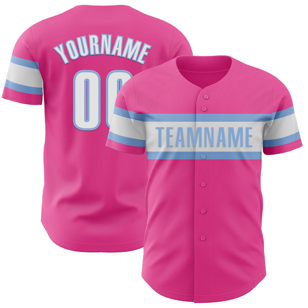 Custom Pink White-Light Blue Authentic Baseball Jersey