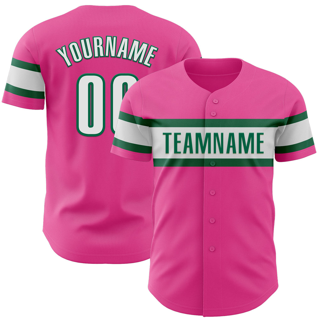 Custom Pink White-Kelly Green Authentic Baseball Jersey