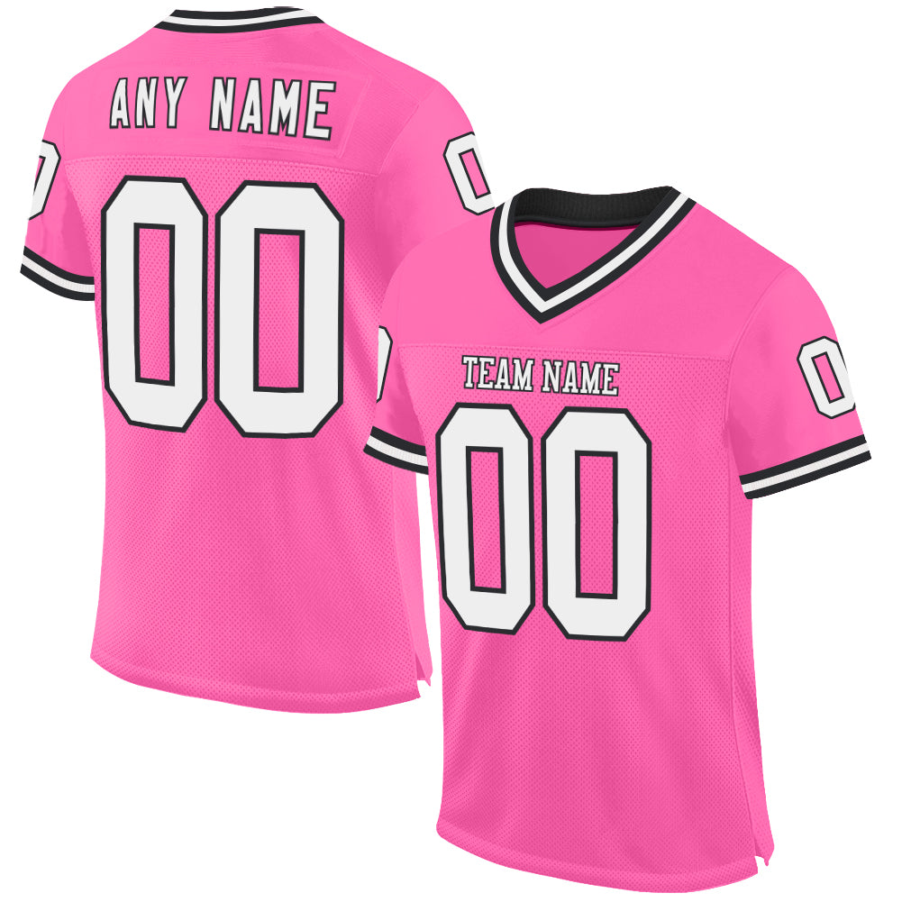 Custom Pink White-Black Mesh Authentic Throwback Football Jersey