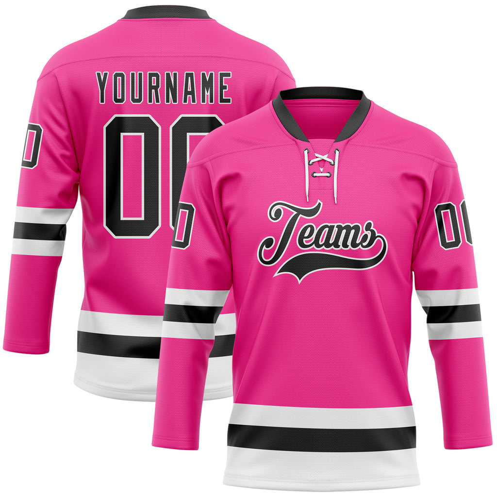 Custom Pink Black-White Hockey Lace Neck Jersey