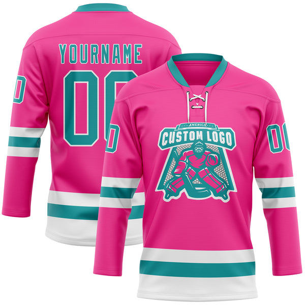 Custom Pink Teal-White Hockey Lace Neck Jersey