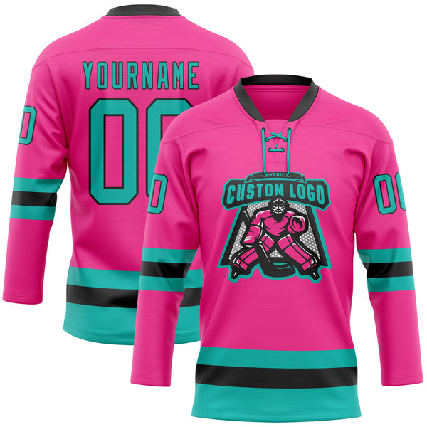 Custom Pink Aqua-Black Hockey Lace Neck Jersey