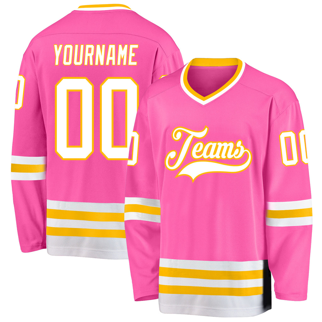 Custom Pink White-Gold Hockey Jersey