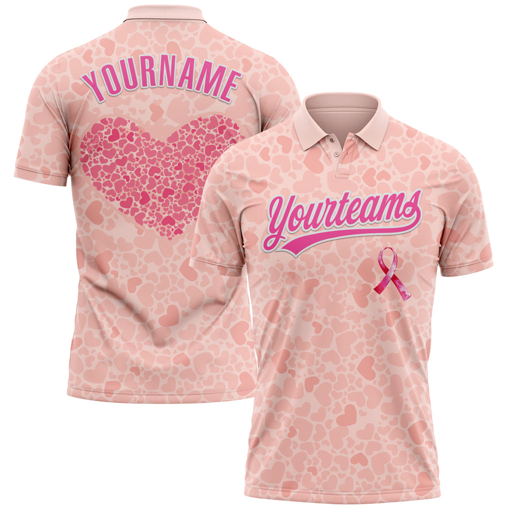 Custom Medium Pink Pink-White 3D Pink Ribbon Breast Cancer Awareness Month Women Health Care Support Performance Polo Shirt