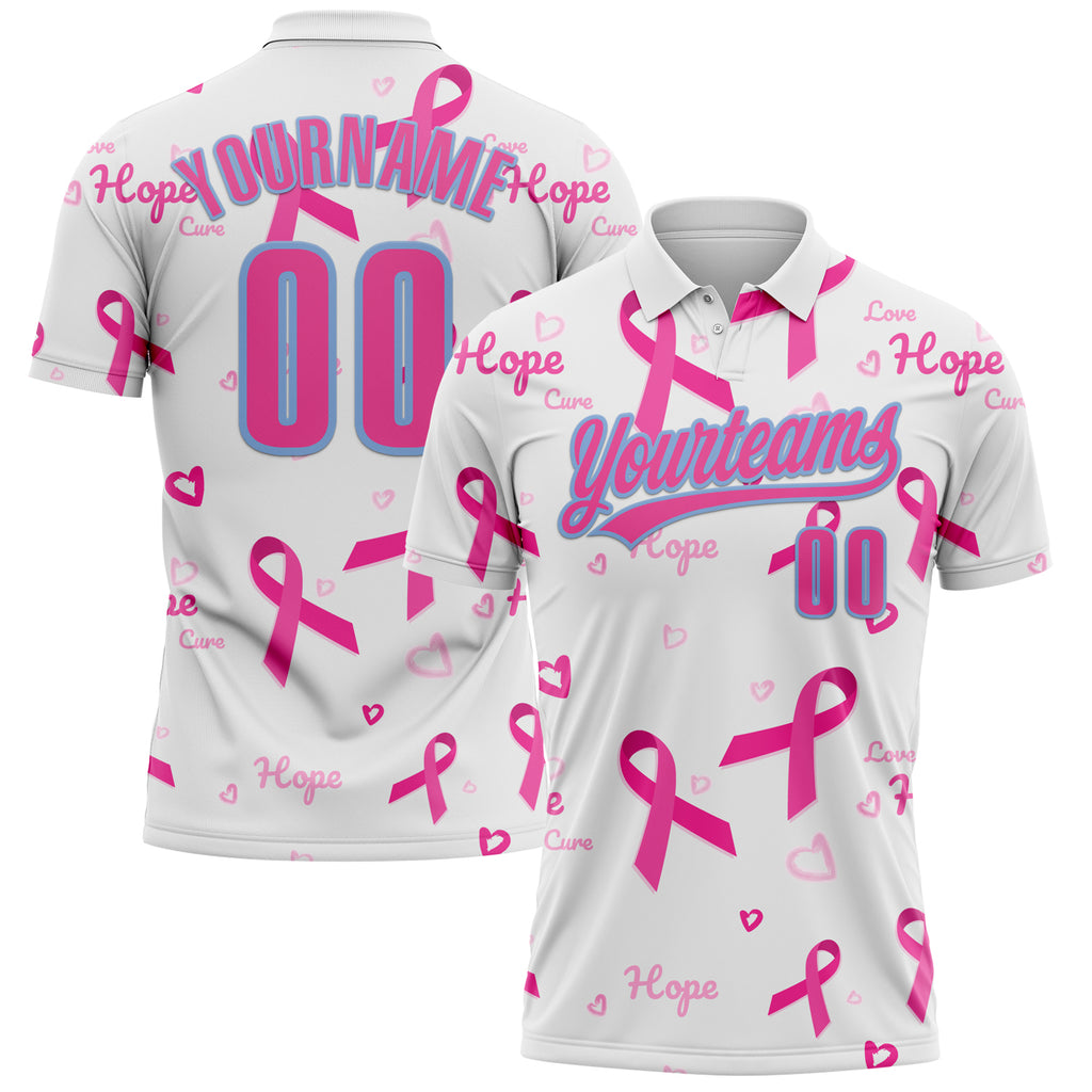 Custom White Pink-Light Blue 3D Pink Ribbon Breast Cancer Awareness Month Women Health Care Support Performance Polo Shirt