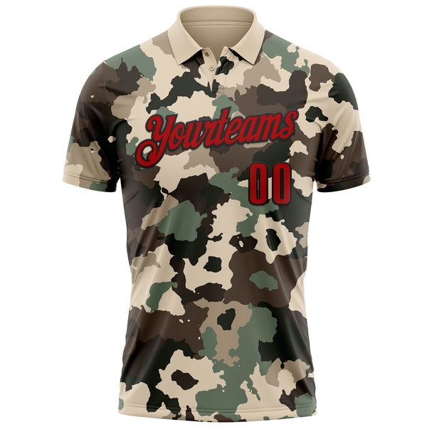 Custom Camo Red-Black 3D Bowling Performance Salute To Service Polo Shirt