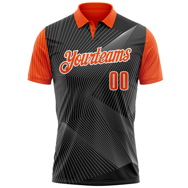 Custom Black Orange-White 3D Bowling Line Performance Polo Shirt