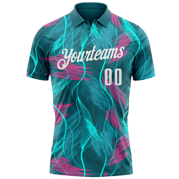 Custom Teal Pink-White 3D Bowling Line Performance Polo Shirt