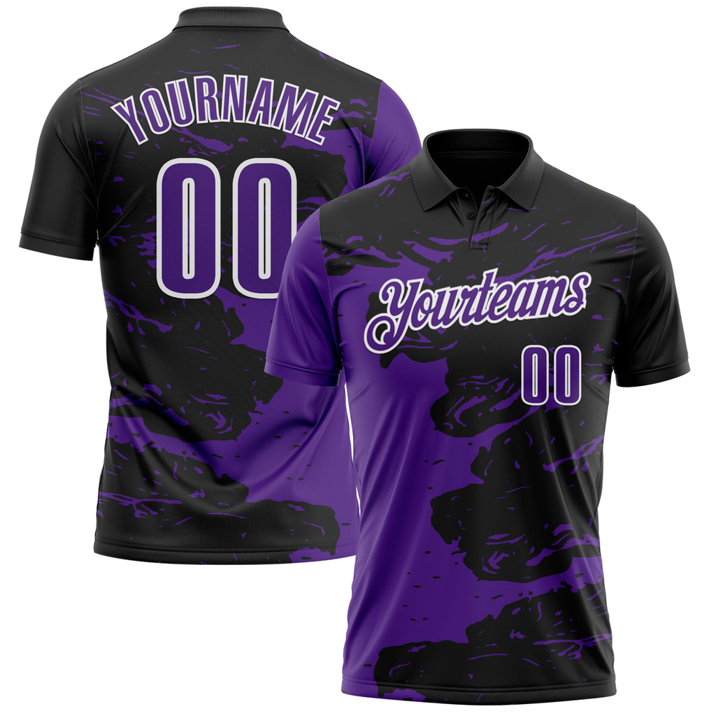 Custom Black Purple-White 3D Bowling Splash Ink Performance Polo Shirt