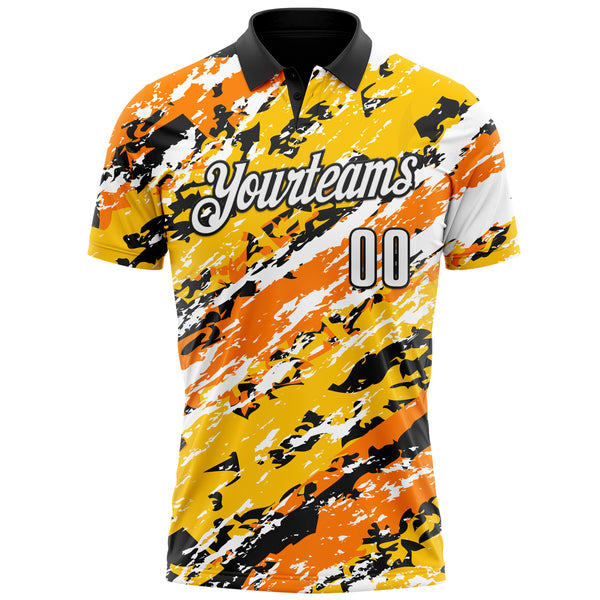 Custom Black Bay Orange-Gold 3D Bowling Abstract Grunge Art Performance Polo Shirt