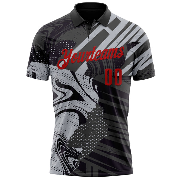 Custom Black Red-Gray 3D Bowling Abstract Grunge Art Performance Polo Shirt