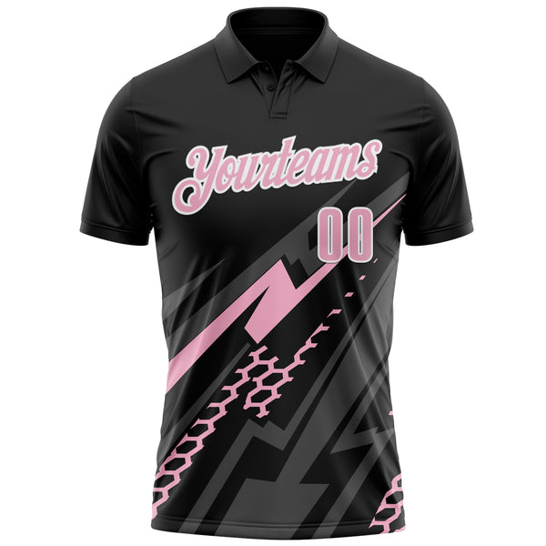 Custom Black Light Pink-White 3D Bowling Geometric Shape Performance Polo Shirt