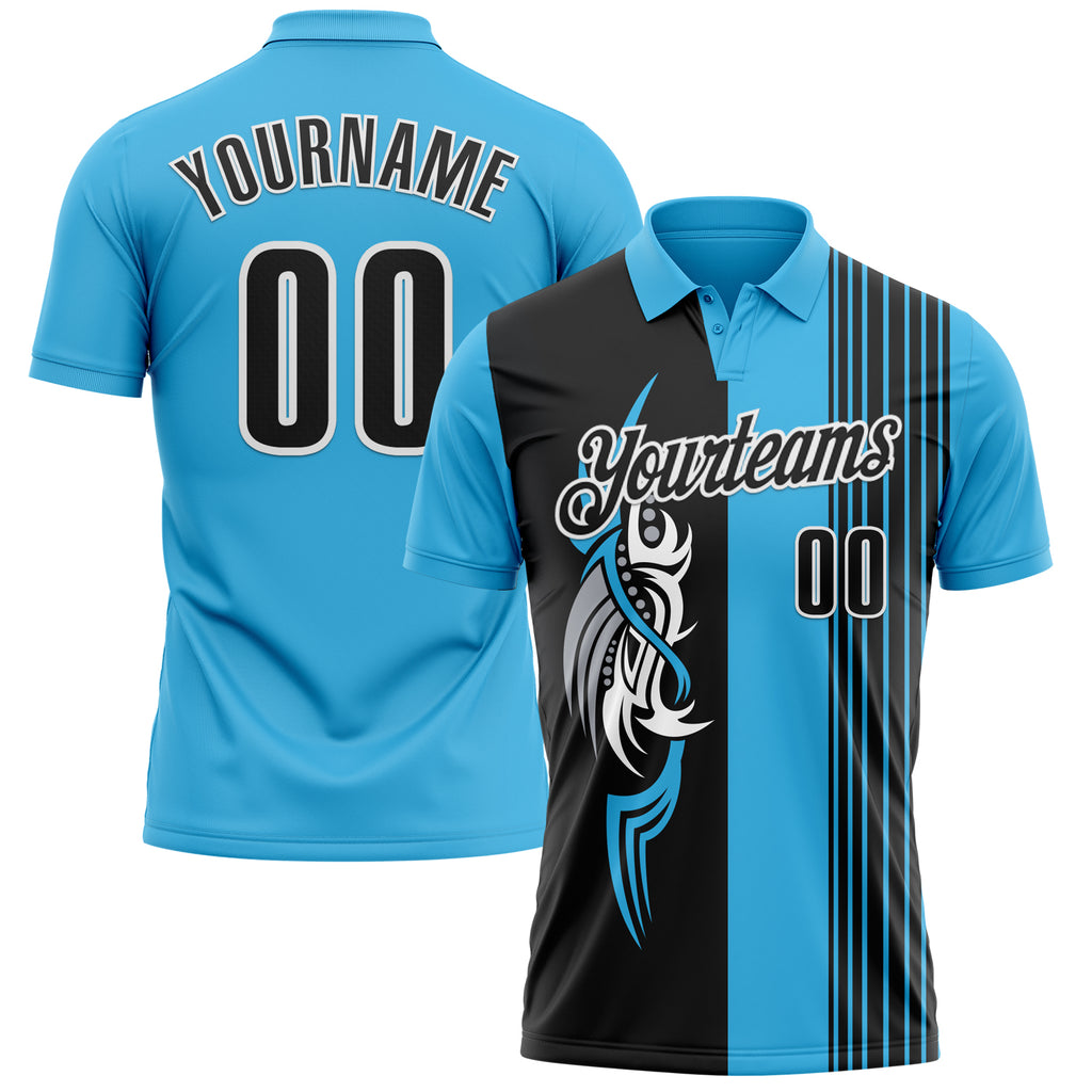 Custom Sky Blue Black-White 3D Bowling Tattoos Performance Polo Shirt