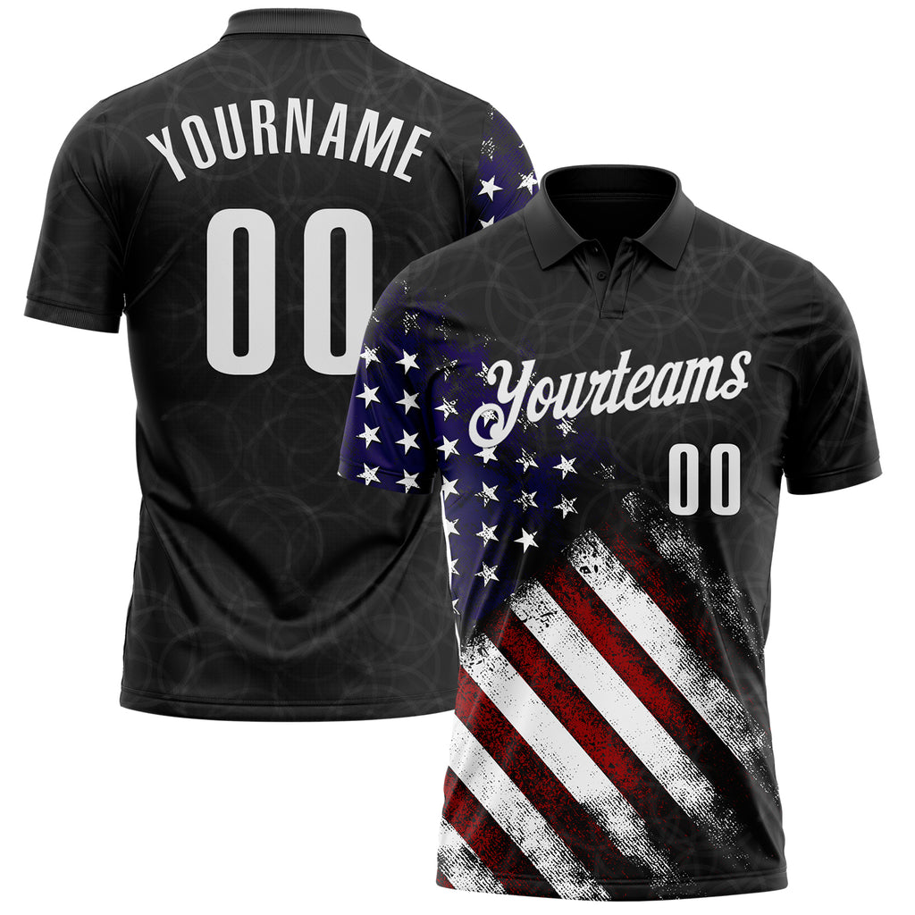 Custom Black White 3D Bowling American Flag Performance Polo Shirt