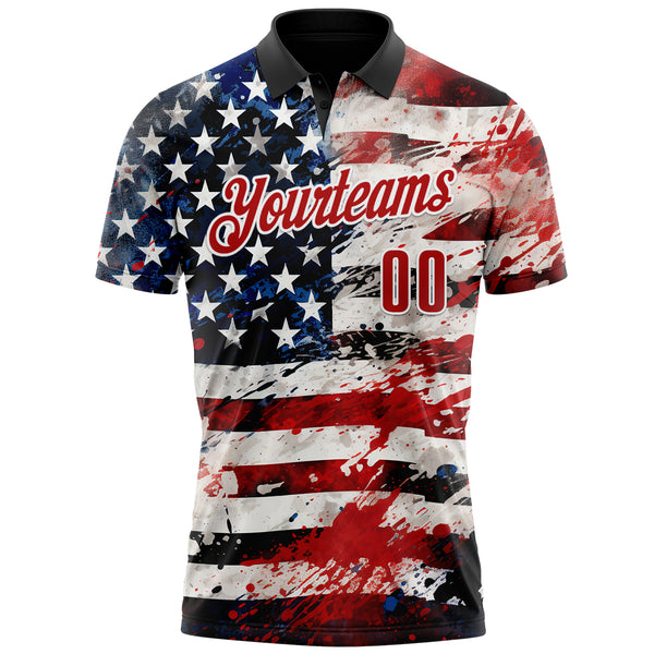 Custom Black Red-White 3D American Flag Performance Polo Shirt