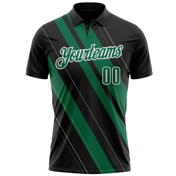 Custom Black Kelly Green-White 3D Bowling Line Shape Performance Polo Shirt