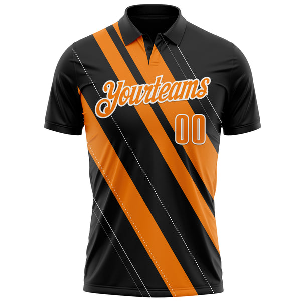 Custom Black Bay Orange-White 3D Bowling Line Shape Performance Polo Shirt