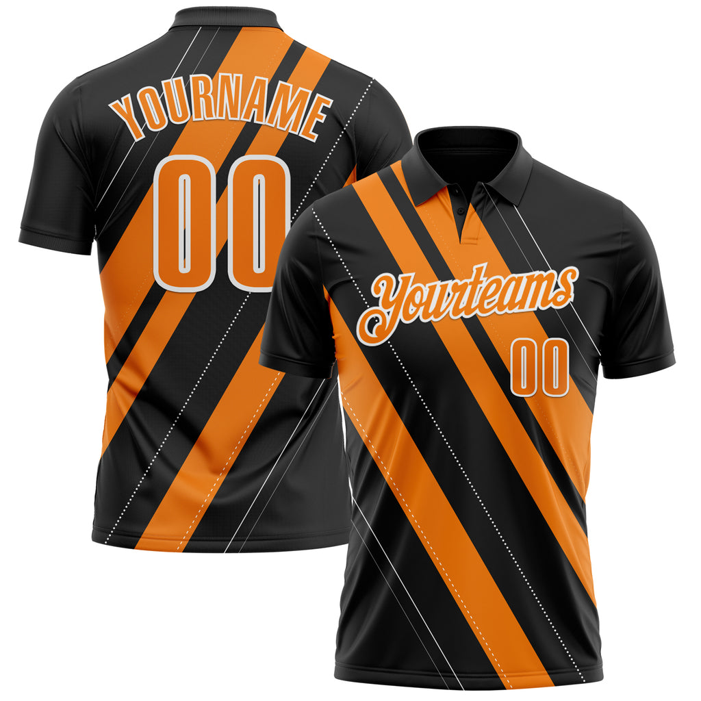 Custom Black Bay Orange-White 3D Bowling Line Shape Performance Polo Shirt