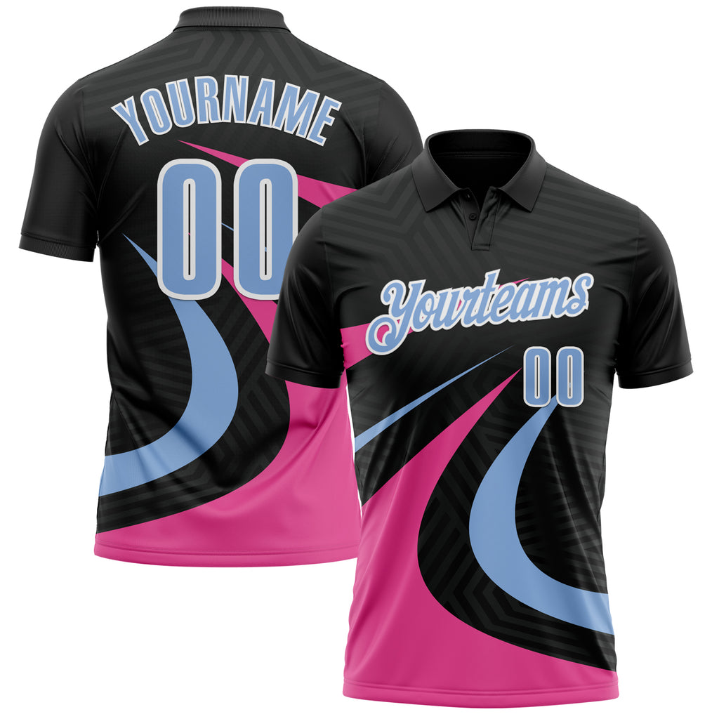 Custom Black Light Blue-Pink 3D Bowling Geometric Shape Performance Polo Shirt