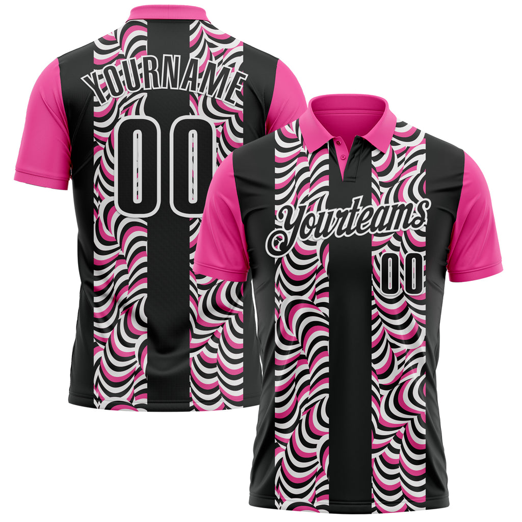 Custom Black Pink-White 3D Bowling Geometric Shape Performance Polo Shirt