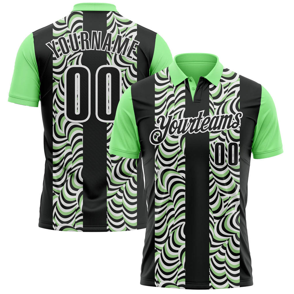 Custom Black Pea Green-White 3D Bowling Geometric Shape Performance Polo Shirt