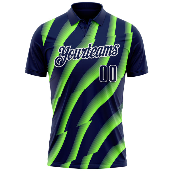 Custom Navy Neon Green-White 3D Bowling Geometric Shape Performance Polo Shirt