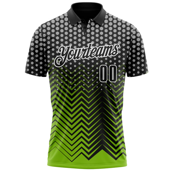 Custom Black Neon Green-Gray 3D Bowling Geometric Shape Performance Polo Shirt