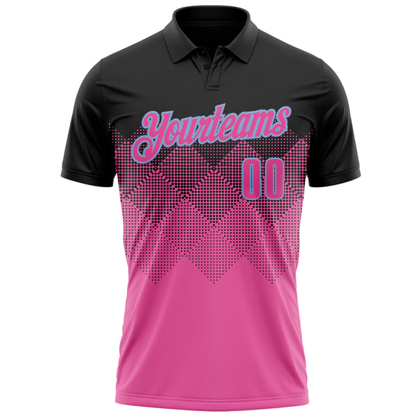 Custom Black Pink-Light Blue 3D Pattern Design Gradient Square Shape Performance Polo Shirt