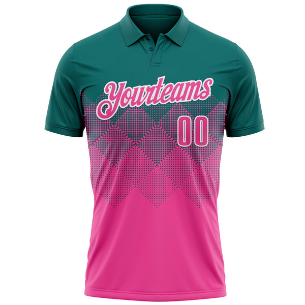 Custom Teal Pink-White 3D Pattern Design Gradient Square Shape Performance Polo Shirt