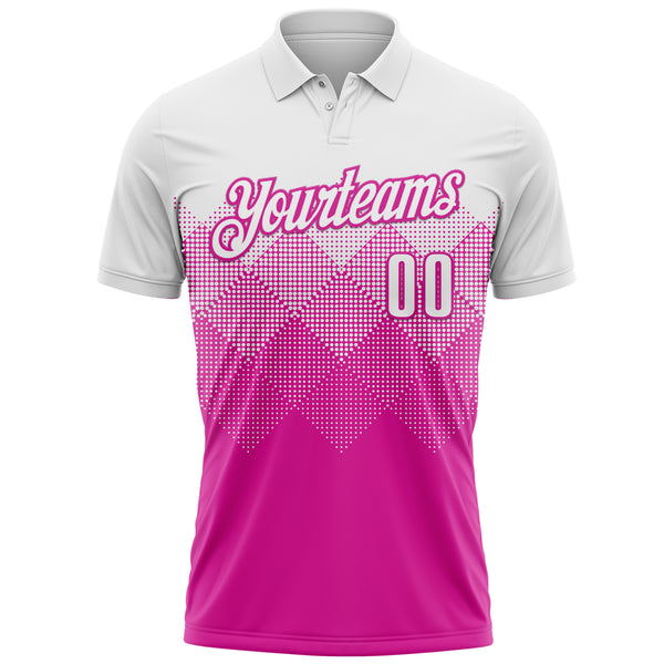 Custom White Deep Pink 3D Pattern Design Gradient Square Shape Performance Polo Shirt