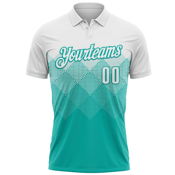 Custom White Aqua 3D Pattern Design Gradient Square Shape Performance Polo Shirt