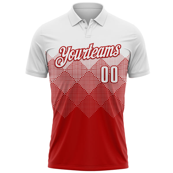 Custom White Red 3D Pattern Design Gradient Square Shape Performance Polo Shirt