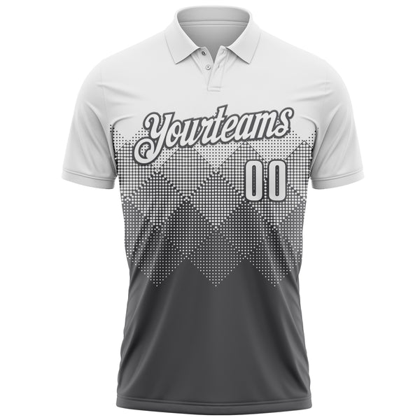 Custom White Steel Gray 3D Pattern Design Gradient Square Shape Performance Polo Shirt