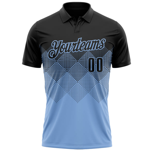 Custom Black Light Blue 3D Pattern Design Gradient Square Shape Performance Polo Shirt