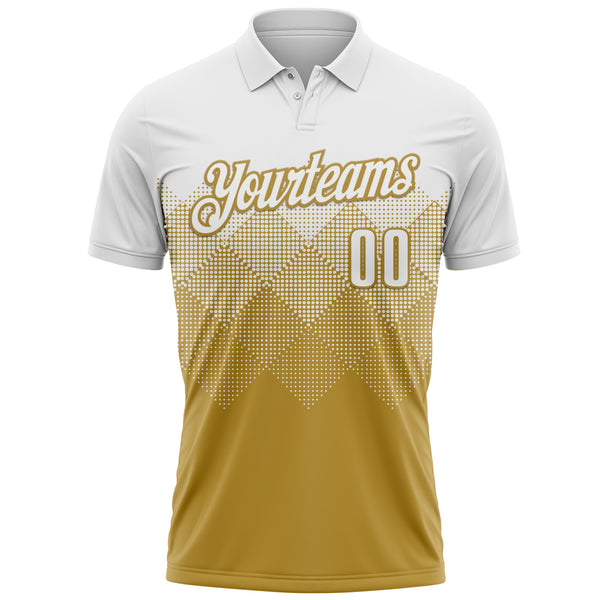 Custom White Old Gold 3D Pattern Design Gradient Square Shape Performance Polo Shirt