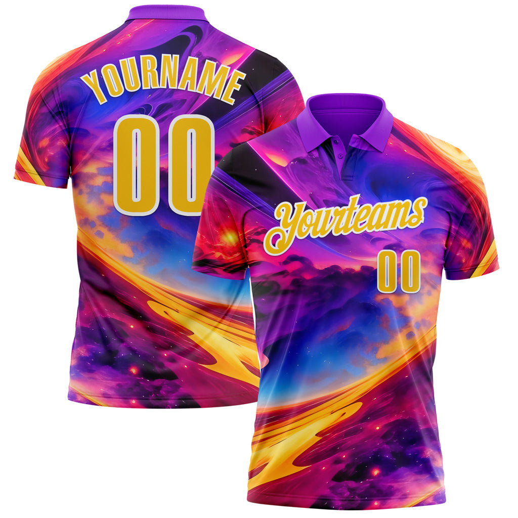 Custom Purple Yellow-White 3D Bowling Colorful Space Performance Polo Shirt