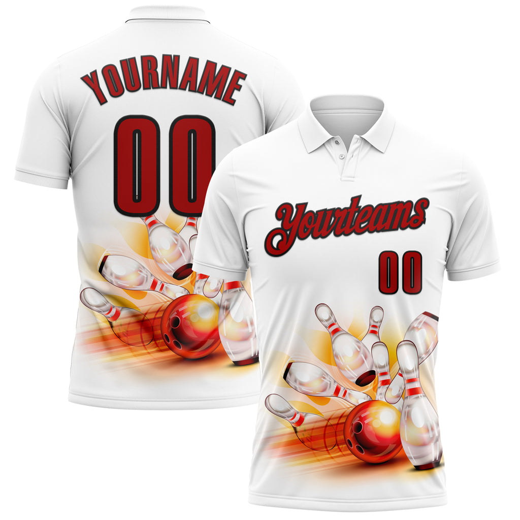 Custom White Red-Black 3D Bowling Performance Polo Shirt