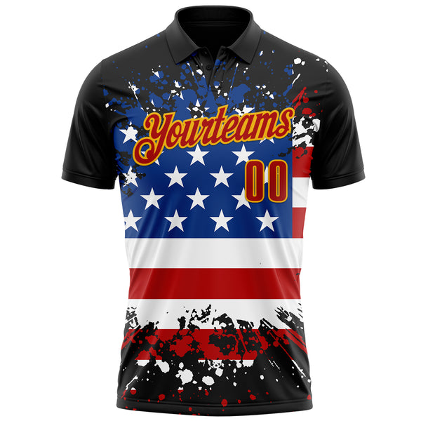 Custom Black Red-Gold 3D Cornhole American Flag Skull Performance Polo Shirt